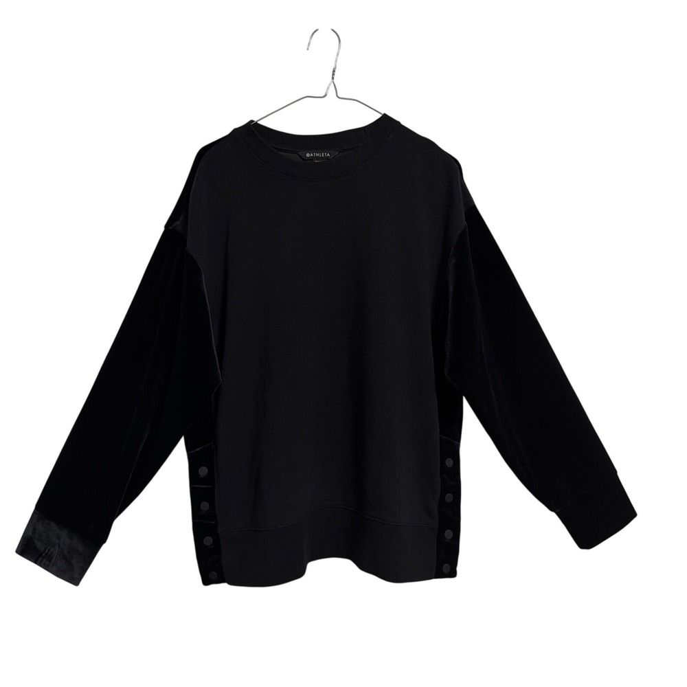 Athleta Womens Black Velvet Sleeve Side Snap Crew Neck Sweatshirt Size M
